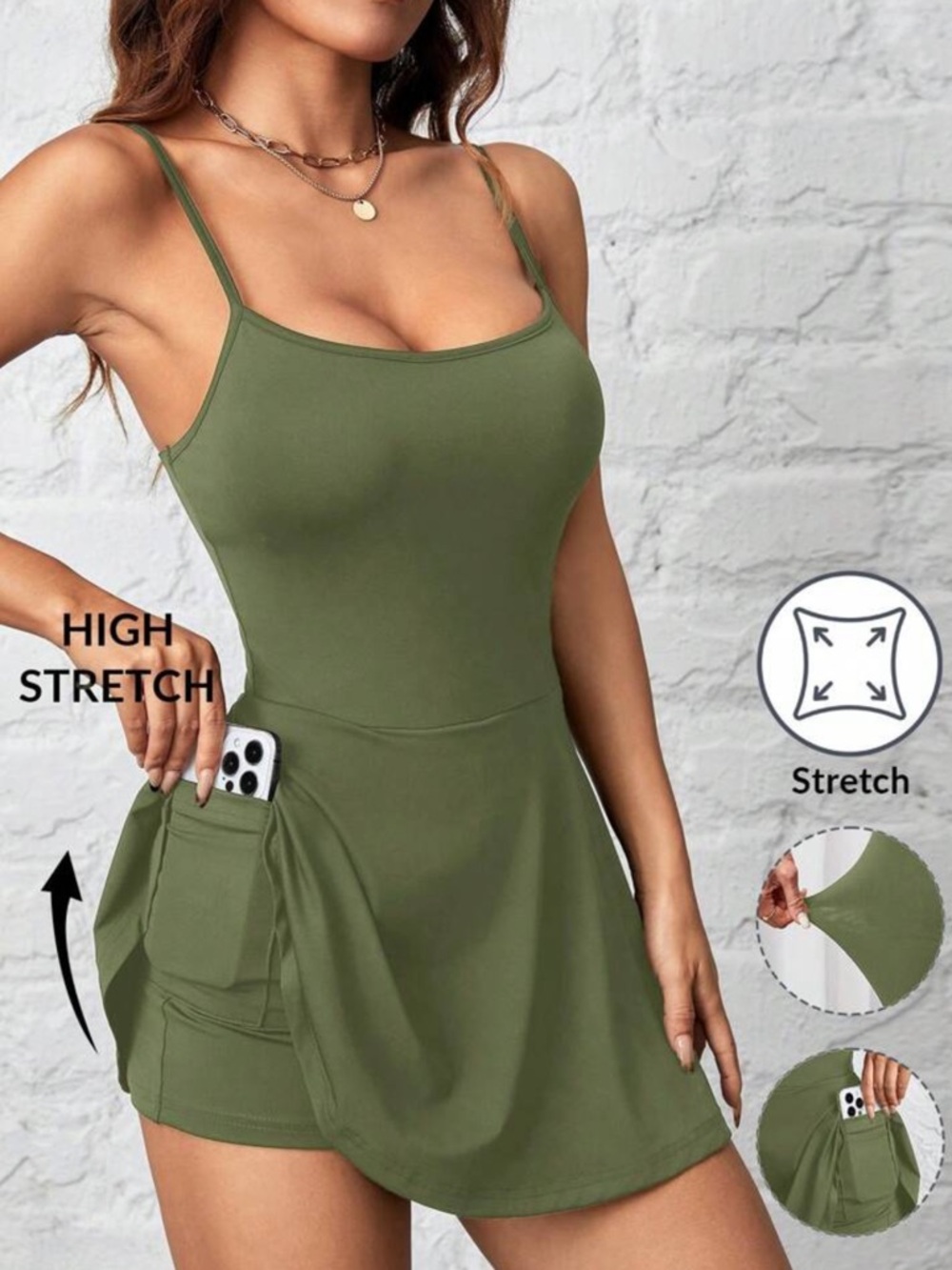 Athletic mini dress with shorts built in (and phone pocket!) olive green